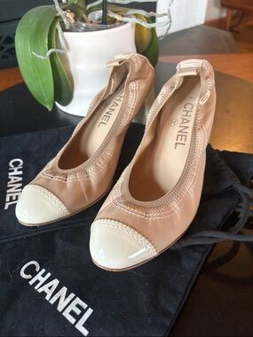 CHANEL Beige Cap Toe Ballet Flats | Size 35.5C